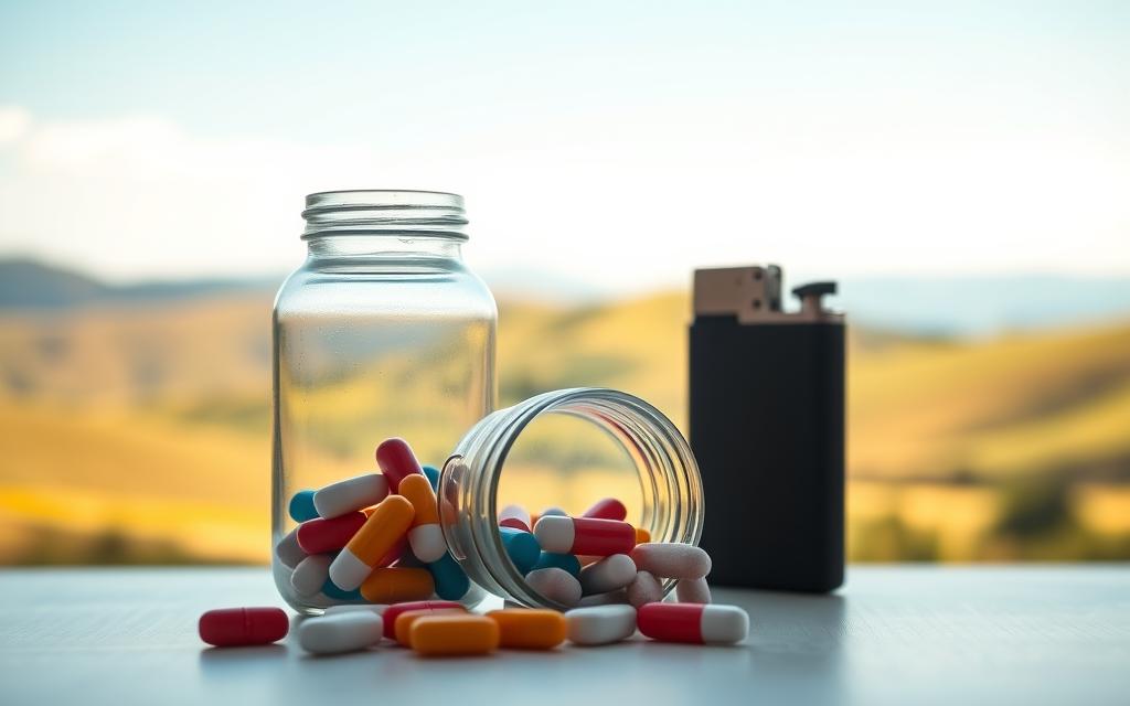 A clean and well-lit studio scene showcasing the benefits of quitting smoking for cholesterol management. In the foreground, a clear glass jar filled with colorful pills, representing cholesterol medication. Behind it, a serene landscape with rolling hills and a bright blue sky, conveying a sense of wellness and improved health. In the middle ground, a pack of cigarettes and a lighter, partially obscured, symbolizing the act of quitting. Diffused, warm lighting illuminates the scene, creating a calming and aspirational atmosphere. The overall composition guides the viewer's eye towards the positive outcomes of abandoning the smoking habit for better cholesterol control.