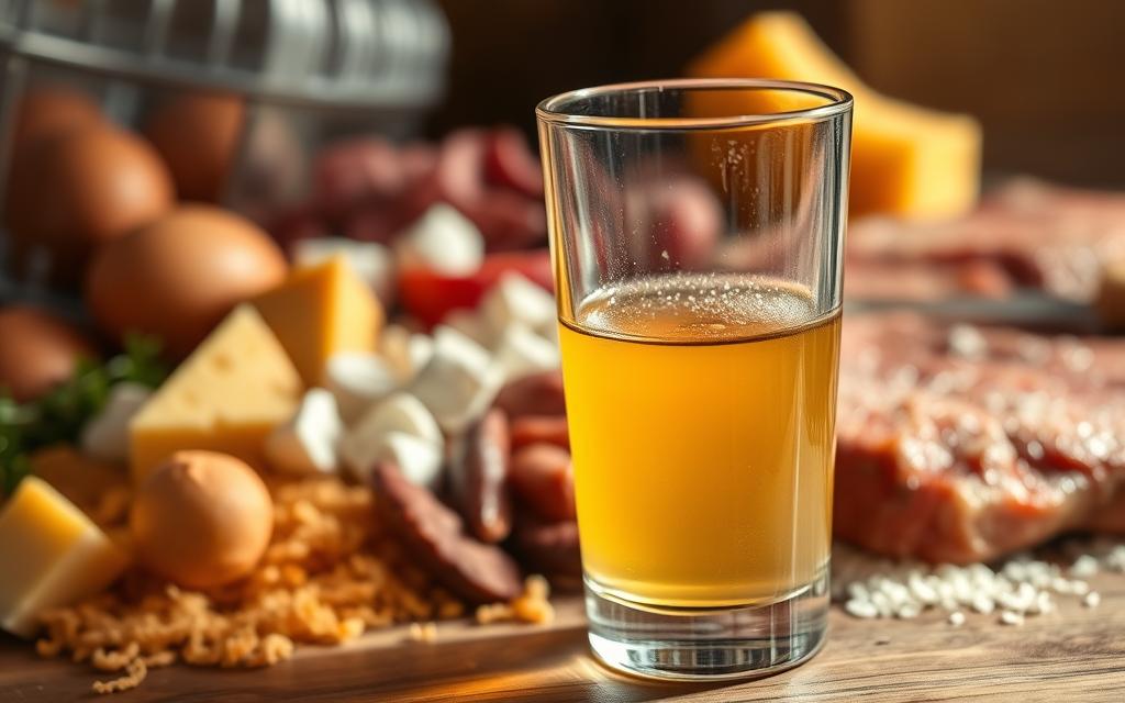 A close-up view of a glass filled with a transparent golden liquid, representing soluble fiber. In the background, a pile of cholesterol-rich foods, such as eggs, cheese, and red meat, symbolizing the role of soluble fiber in cholesterol management. The lighting is warm and natural, creating a soothing, contemplative atmosphere. The image is captured with a shallow depth of field, focusing the viewer's attention on the central glass of soluble fiber. The overall composition conveys the connection between soluble fiber and its ability to help lower cholesterol levels.