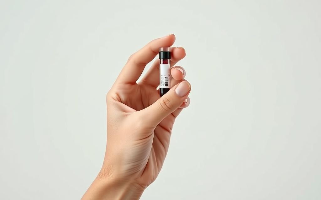 A close-up view of a human hand holding a cholesterol test kit, with a clear glass vial containing a sample of blood. The hand is positioned against a plain, neutral-colored background, with soft, even lighting that creates a calm, clinical atmosphere. The test kit is rendered in high detail, showcasing its various components and the process of extracting a blood sample. The overall composition is clean, focused, and designed to highlight the central subject, conveying a sense of medical professionalism and the importance of understanding one's cholesterol levels.