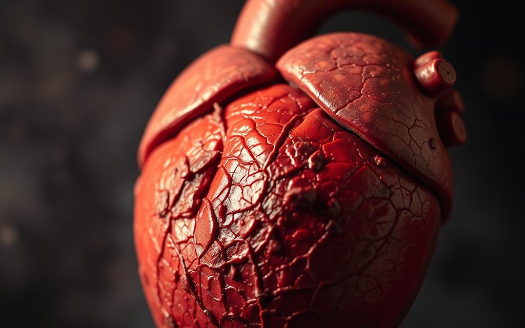 A close-up view of an unhealthy human heart, partially obscured by a tangled network of cholesterol plaques in rich, vivid detail. The heart appears strained and inflamed, with a deep-red, mottled texture. In the middle ground, a dramatic cross-section reveals the interior blockages, while the background is hazy and atmospheric, conveying a sense of medical concern. The lighting is soft and dramatic, creating chiaroscuro effects that emphasize the gravity of the situation. The overall mood is one of urgency and alarm, highlighting the critical importance of addressing high cholesterol levels.