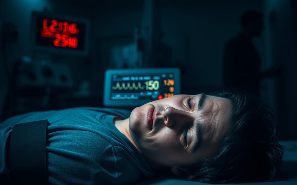 A dark, foreboding scene depicting the perils of low blood pressure. In the foreground, a person collapses, their face pale and features sunken, as they struggle to remain conscious. Behind them, a shadowy figure representing the dangers of low BP - dizziness, fainting, organ damage. The middle ground shows a medical monitor displaying dangerously low readings, casting an ominous glow. In the background, a blurred hospital setting, conveying the urgency of the situation. Dramatic lighting creates dramatic shadows, enhancing the sense of tension and peril. Shot with a wide-angle lens to emphasize the scale of the crisis unfolding.