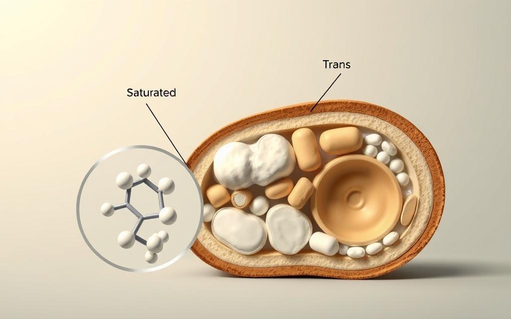 A detailed cross-section illustration showcasing the structure and content of saturated fats, trans fats, and cholesterol. In the foreground, a magnified view of fatty acid molecules with distinct saturated and trans configurations. In the middle ground, a detailed depiction of a cholesterol molecule, surrounded by simplified representations of saturated and trans fats. The background features a soft, muted gradient, evoking a clinical, informative atmosphere. Rendered in a precise, technical style with a neutral color palette, optimal for educational purposes. Lighting is diffused and shadowless, emphasizing the clarity of the scientific visualization.