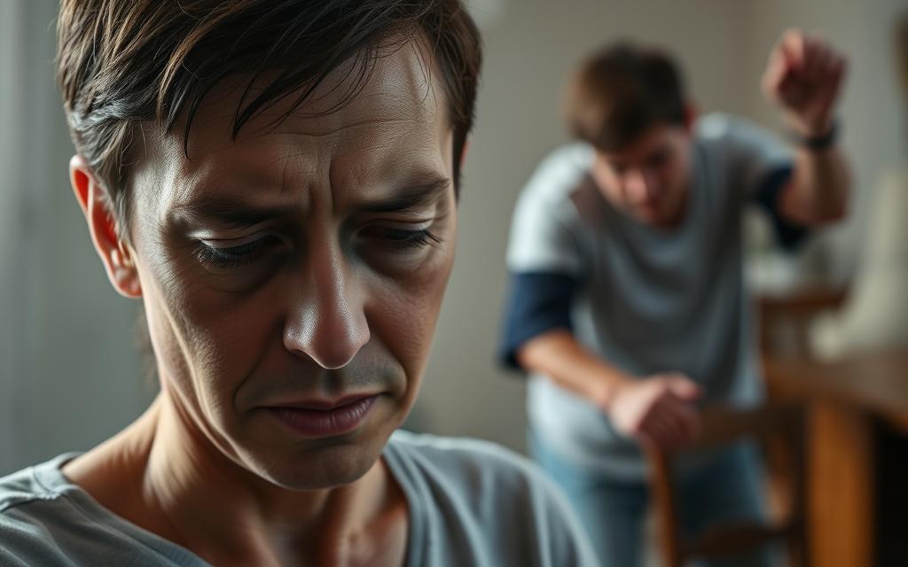 A detailed scene of a person experiencing low blood pressure symptoms. In the foreground, a person looking pale, with droopy eyelids and a fatigued expression. Subtle beads of sweat on their forehead. In the middle ground, the person appears unsteady, grasping a chair for support as they struggle to maintain balance. The background is slightly blurred, suggesting a home or indoor setting, with muted, natural lighting casting soft shadows. The overall mood is one of concern and discomfort, capturing the unsettling experience of low blood pressure.