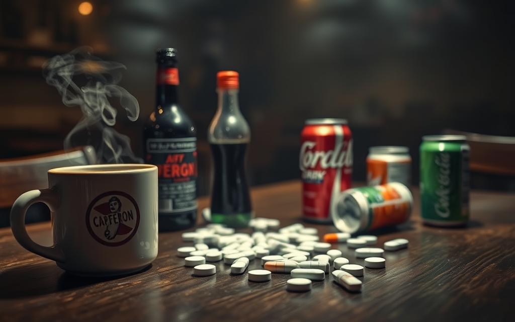 A dimly lit cafe scene, with a variety of caffeinated beverages prominently displayed on a wooden table. In the foreground, a mug of steaming coffee sits next to a bottle of energy drink and a can of soda. In the middle ground, various pills and medications are scattered, suggesting a connection between the caffeine intake and blood pressure. The background is hazy, with muted colors and soft lighting, creating a sense of unease and tension. The overall composition conveys the idea of a quick fix for raising blood pressure, but with an underlying sense of the potential risks and consequences.