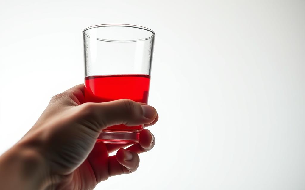 A dramatic close-up of a person's hand holding a glass of red liquid against a stark, clinical white background. The liquid appears to be a potent, fast-acting medication or supplement, casting an intense crimson glow. The hand's fingers are poised to quickly take the dose, conveying a sense of urgency and the need for rapid action. Dramatic, directional lighting creates deep shadows and highlights the tense, gripping motion, emphasizing the "emergency" nature of the situation. The overall mood is one of heightened intensity, underscoring the importance of this "emergency measure" to raise blood pressure.