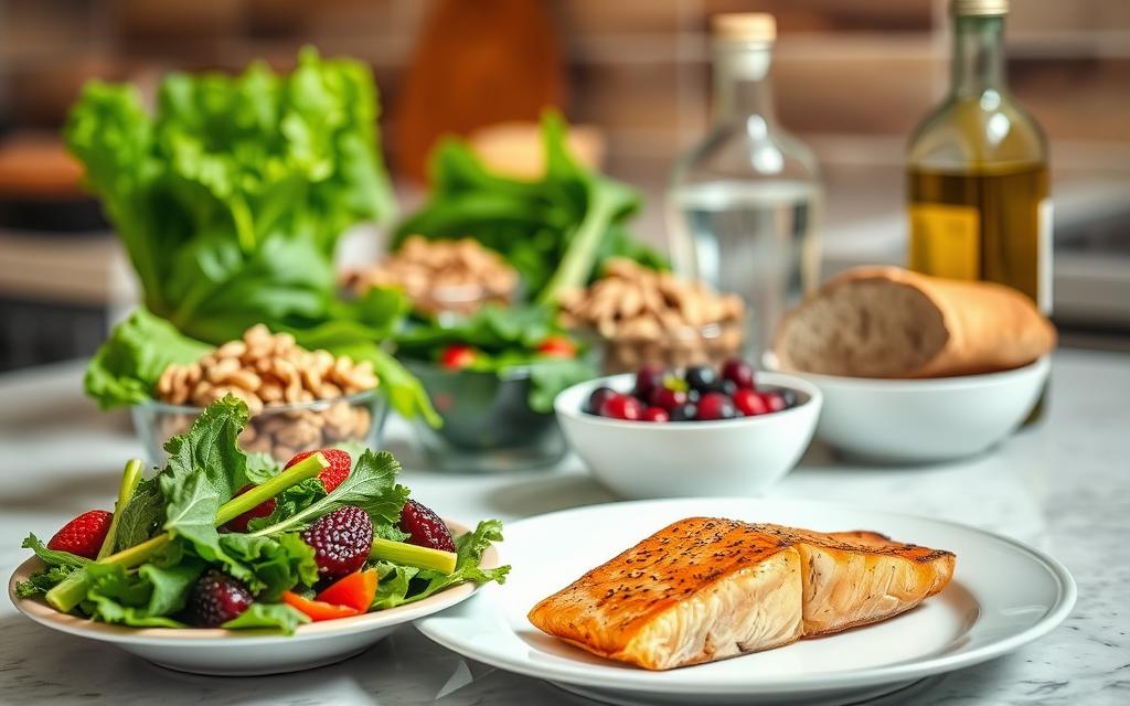 A kitchen counter with a variety of healthy foods and ingredients for blood pressure management. In the foreground, a plate of steamed vegetables, grilled salmon, and whole grain bread. In the middle ground, bowls of nuts, berries, and leafy greens. In the background, a glass of water and a bottle of olive oil. The scene is well-lit with warm, natural lighting, captured at a slightly elevated angle to create a sense of abundance and nourishment. The overall mood is one of health, balance, and mindful dietary choices.