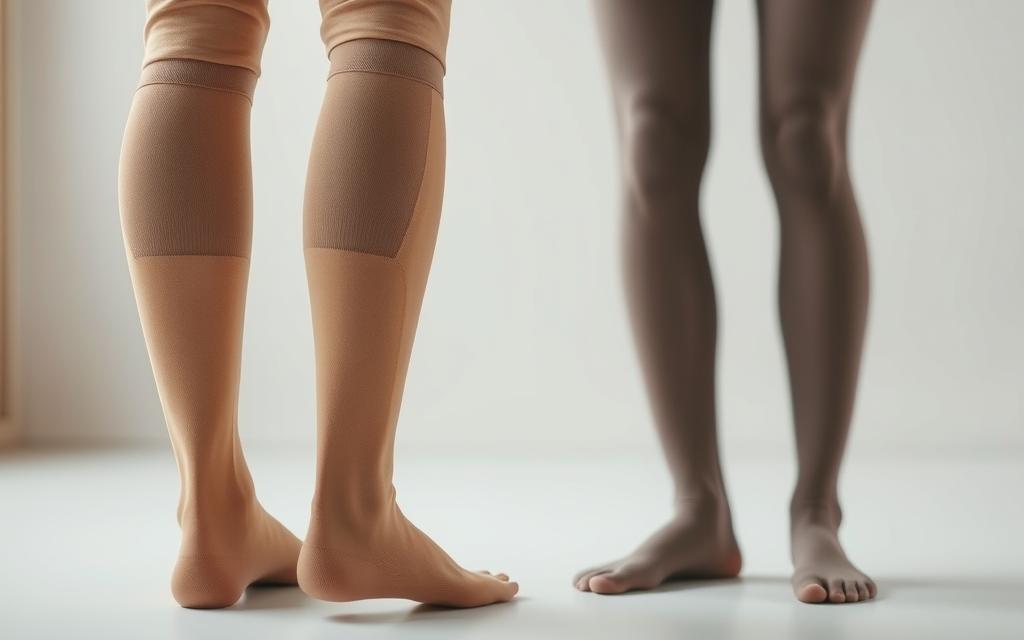 A meticulously crafted scene featuring a pair of compression garments for improving blood circulation. In the foreground, the garments - perhaps knee-high stockings or sleeves - are shown in a neutral, earthy tone, their fabric texture clearly visible under soft, diffused lighting. The middle ground showcases the garments being worn, gently hugging the contours of the limbs, creating a sense of support and therapeutic pressure. The background subtly fades into a clean, minimalist setting, allowing the compression garments to take center stage. The overall mood is one of medical functionality and wellness, inviting the viewer to consider the practical applications of such specialized attire.