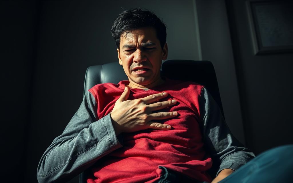 A tense, high-contrast scene of a medical emergency: A person's hand gripping their chest, face twisted in pain, sweat beading on their forehead, as they sit upright in a chair, surrounded by an uncluttered, dimly lit room. The lighting is harsh, casting dramatic shadows that heighten the sense of urgency. The camera angle is slightly low, emphasizing the subject's vulnerable, strained posture. The image conveys a palpable feeling of panic and the need for immediate medical attention.