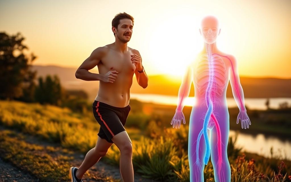 A vibrant, dynamic image showcasing the journey of weight loss to improve cholesterol levels. In the foreground, a confident, health-conscious individual engages in a brisk outdoor jog, their body silhouetted against a warm, golden sunset. In the middle ground, a visual representation of the body's internal systems, with arteries and veins depicted in a vivid blue hue, gradually clearing of cholesterol buildup. The background features a serene, natural landscape, with lush greenery and a peaceful lake, symbolizing the calm and balance that comes with a healthier lifestyle. The overall scene is captured through a wide-angle lens, with soft, diffused lighting that creates a sense of hope and optimism.