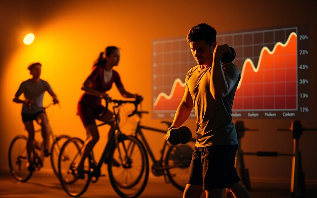 A well-lit, dynamic scene of a person engaged in various exercises that are known to help manage cholesterol levels. The foreground features the figure performing cardio exercises like running or cycling, their body in motion with a sense of energy and determination. The middle ground showcases them lifting weights, their muscles straining against the resistance. In the background, a visual representation of cholesterol levels is depicted, with a graph or chart showing the positive impact of the exercises on reducing cholesterol. Warm, inviting lighting illuminates the scene, creating a sense of vitality and health. The overall composition conveys the powerful connection between exercise and cholesterol management.