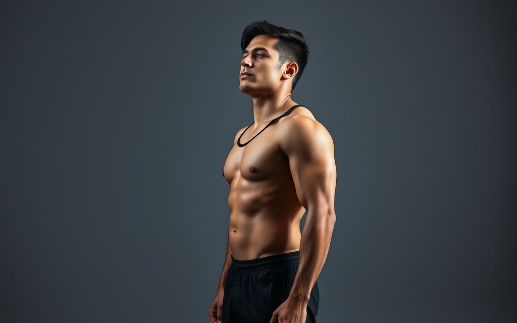 An athletic person performing a physical maneuver to elevate their blood pressure, captured in a high-contrast, dramatic lighting setup. In the foreground, the subject stands upright, face flushed and muscles tensed, as they perform a Valsalva maneuver by forcefully exhaling against a closed airway. Behind them, a stark, minimalist background in shades of gray and black creates a sense of intensity and focus. The image is shot from a slightly high angle, lending an authoritative, clinical perspective to the scene, as if observed by a medical professional. The overall mood is one of purposeful action and physiological exertion, reflecting the need for urgent blood pressure management.
